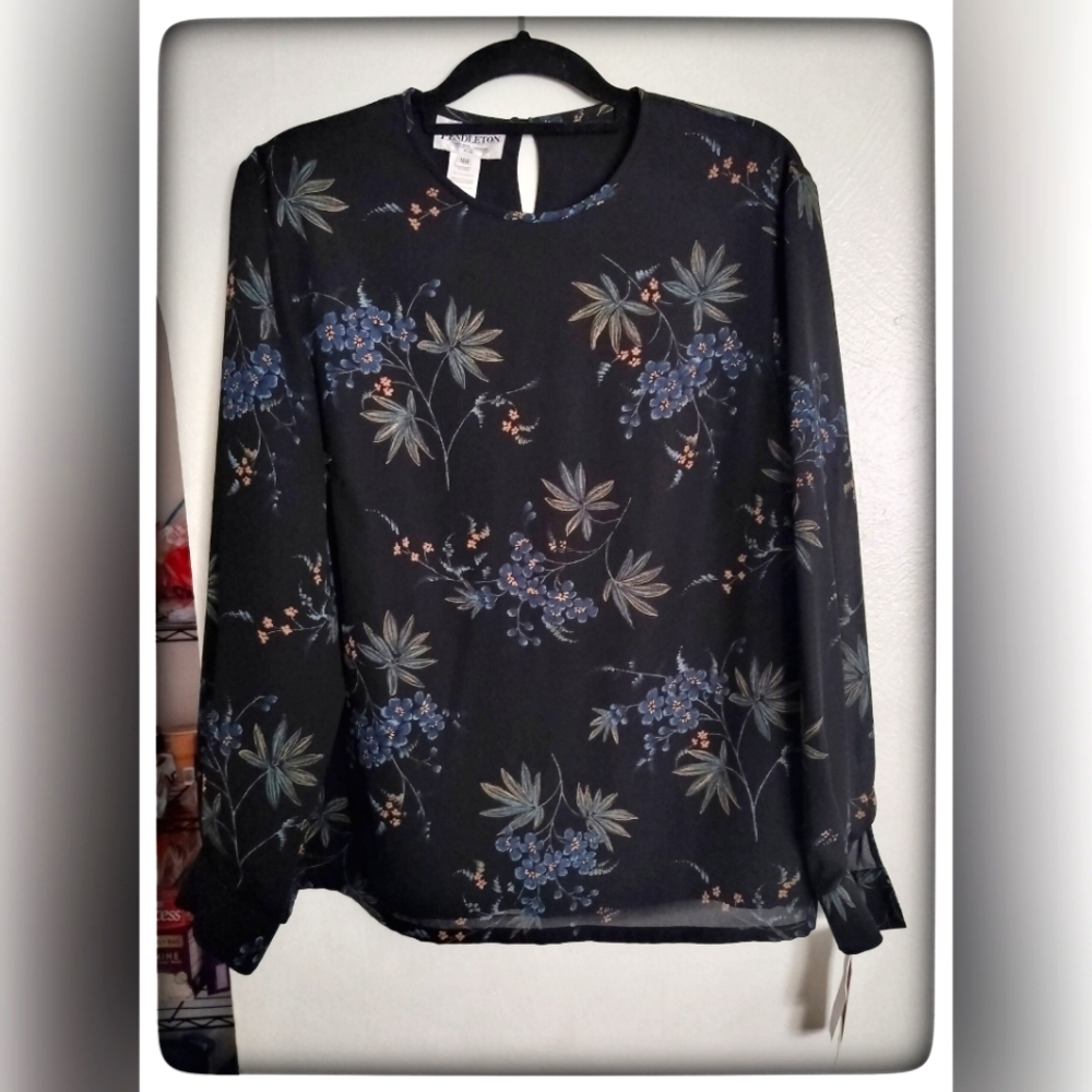 Banana Republic Black Floral Long-Sleeve Blouse